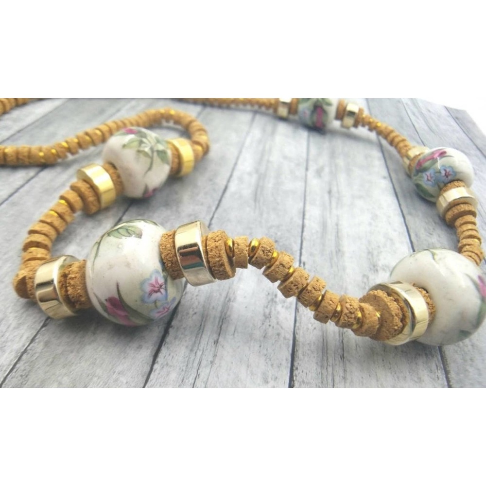 MIRIAM HASKELL Necklace - Cork and Porcelain Beads – Flower Motif